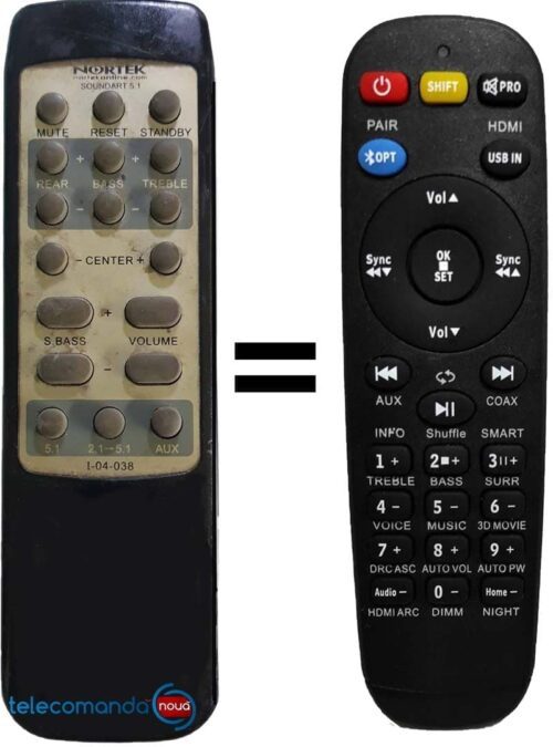 Telecomanda inlocuitoare NORTEK SOUNDART 5.1   pe care o comercializam noi are alt aspect decat originala . Telecomanda inlocuitoare   sitem  5.1 MULTIMEDIA SPEAKER SYSTEM MODEL SOUNDART 5.1 Telecomanda  1-04-038 Functioneaza cu doua baterii R3 ( AAA )