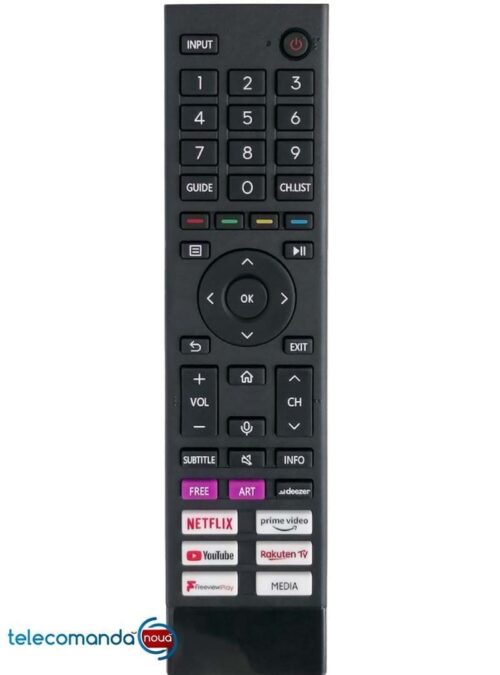 Telecomanda pentru HISENSE 55A76GQ pe care o comercializam noi nu are   acelasi  aspect ca in poza de prezentare Telecomanda pentru HISENSE 55A76GQ functioneaza pentru modele de mai jos : Hisense -40A4G ,40A42G ,40A48G ,43A6BG 43A6G ,43 A 62 G ,43 A 68 G ,43 A 7000 F ,43 A 7030 F , 43 A 72 GQ ,43 A 7300F ,43 A 7320F ,43 A 7340 F ,43A7100F 43 A 7500F ,43 A 78 GQ ,43 AE7210F ,43 AE 7230 F ,43A7GQ , 43AE7250F ,50A7GQ ,50A72GQ ,50A7300F-2 ,50A732OF-2 , 50A 7340F ,50A 7500F ,50A78GQ ,50AE7210F , 50AE7230F ,50 E 78 GQ ,50A62G ,50A68G , 50A6G ,55A7E7210F ,55 A 7300F ,55 A 7320F Hisense -55 A 7340 F ,55 A 7500F ,55A62G , 55A68G ,55A6G ,55A72GQ ,55A78GQ , 55A7GQ ,55AE7210F ,55E78GQ ,65 A 7 GQ , 65 A 72 GQ ,65 A 7300F ,65 A 7320F, , 65 A 7340 F ,65 A 78 GQ ,65 AE7210F ,65 AE 7230 F , 65 AE 7500 F ,65A7500F ,75 A 7 GQ ,75 A 72 GQ , 75 A 78 GQ ,75AE7010F ,EN - 2 Al 30 H , EN-2G3DH ,EN - 2 G 30 H ,EN - 2 H 30 H ,ERF - 3 c 80 H , Hisense -32A5600F, 32A5620F, 40A5600F, 40A5620F, 40AE5500F, 32AE5500F, 32A5620F, T279824, 32A35EEVS(0001), 50A71000F50S5, 58S5 ,70S5, 65A7500F ,EN2H30H, EN2X30H, EN2Q30H, ERF6C62H ,EN2G30H ,EN2A30, EN2J30H, A20251K ,1616 Va rugam sa verificati compatibilitatea cu modelul televizorului Telecomanda   functioneaza cu doua baterii R3 ( AAA ) Folositi baterii de o calitate mai buna si verificati periodic starea acestora